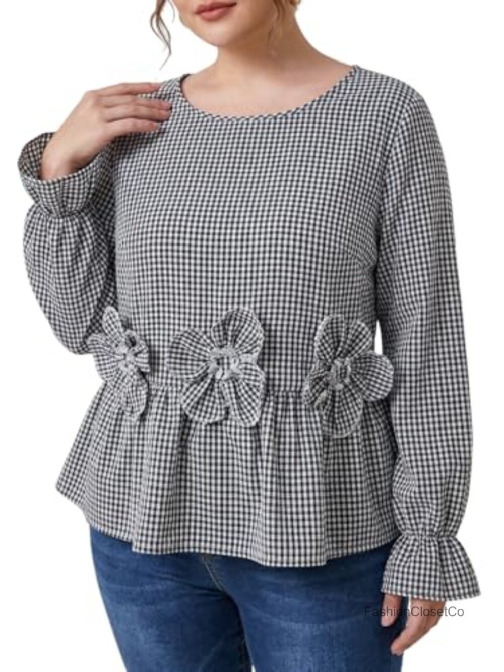 Plus Size Gingham 3D Floral Peplum Top Babydoll Lantern Sleeve Blouse